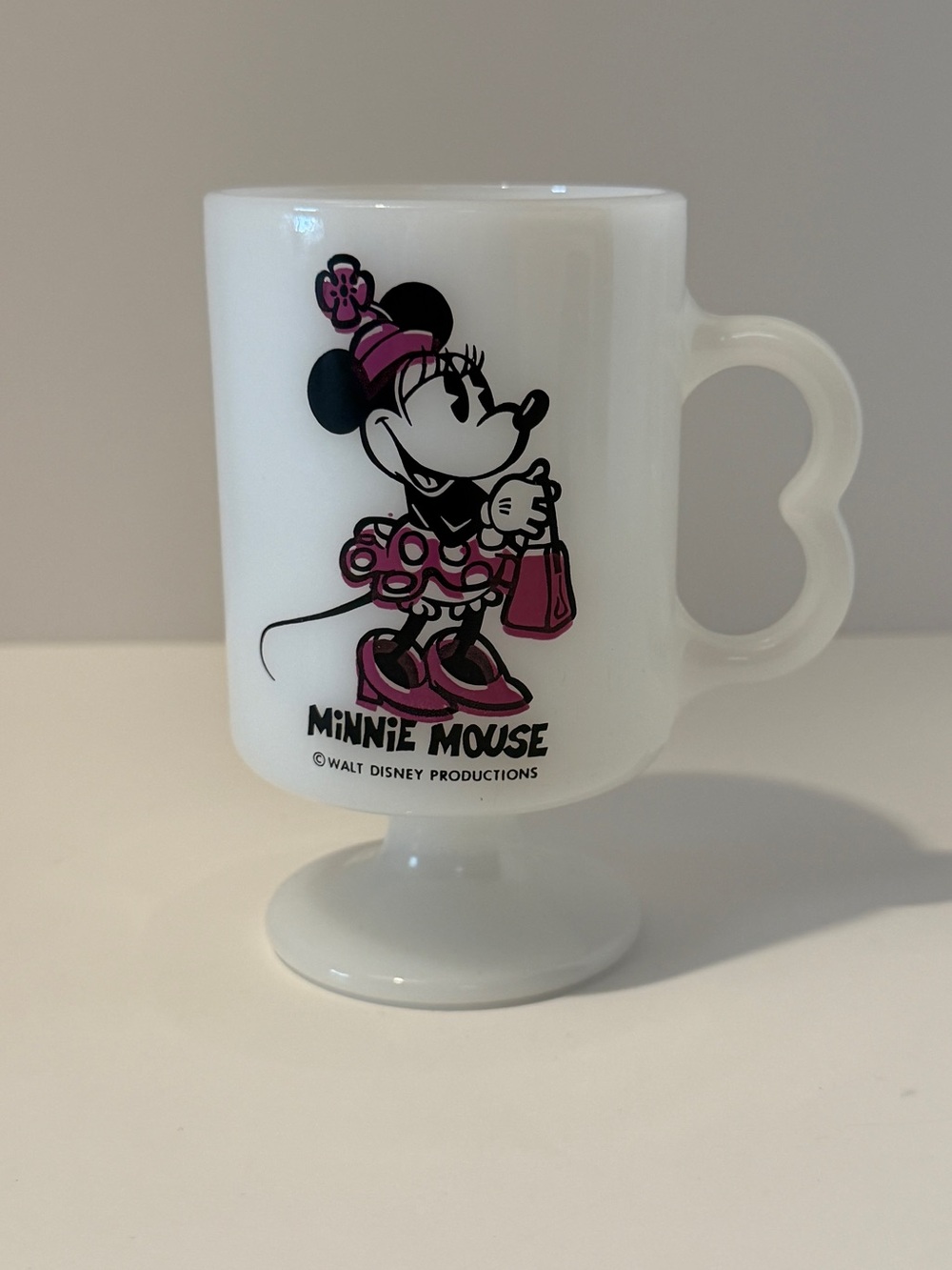 Vintage Disney Minnie Mouse Milk Glass Pedestal Mug Heart Handle